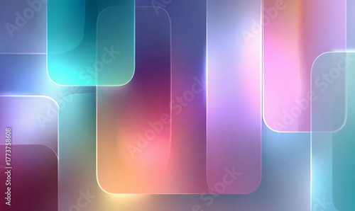 Abstract glassmorphism background with translucent panels in soft blue, pink, and peach neon light gradient. Generative AI