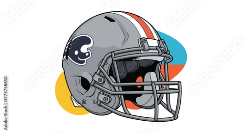 Illustration of a football helmet featuring a distinctive logo and stripe, set against a backdrop of colorful abstract shapes.
