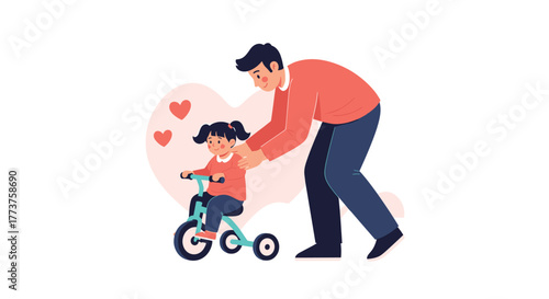 A loving father is teaching his daughter how to ride a tricycle with three wheels as a heartwarming scene unfolds filled with affection.