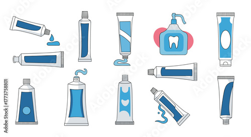 Collection of illustrated toothpaste tubes and a dispenser bottle with a tooth icon.