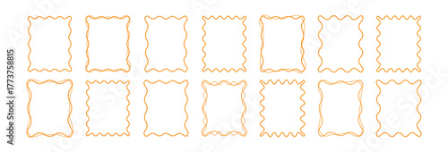 Set of yellow Zigzag outline frame. Frame decoration background set. Rectangle shape frame with zigzag edge. Cute wavy lace and curly wedding decor.  Vector. 