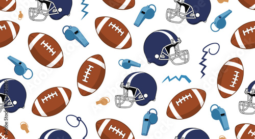 American football, helmets, and whistles pattern on a white background.