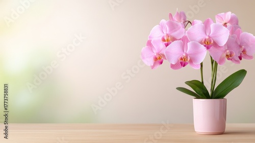 Wallpaper Mural A vibrant pink orchid gracefully highlights the charm of a wooden table in a softly blurred, peaceful background Torontodigital.ca