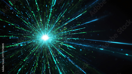 Radiant starburst of green particles exploding outward