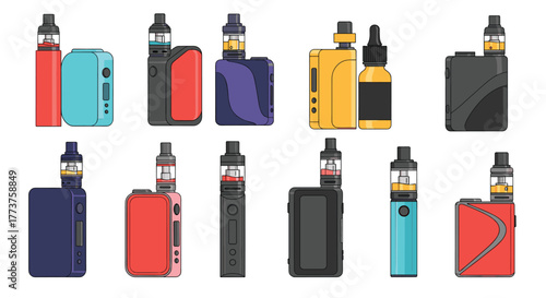 Collection of colorful vaping devices in a flat design, on a white background, isolated.