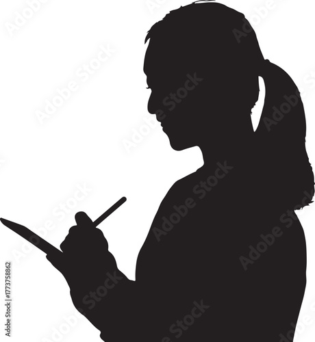 Portrait silhouette of a smiling young Asian woman wearing an sweater, holding a tablet with one hand and a digital stylus in the other. She stands against a white background