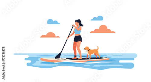 A woman paddleboarding with her dog on a sunny day, enjoying the outdoor activity and the calming water, with a backdrop of stylized clouds.