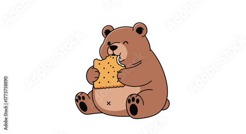A cute brown bear sits with a cracker in its hands, mouth open, ready for a bite, smiling with one closed eye, on a white background.