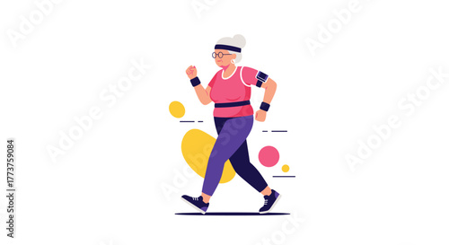 Elderly woman with glasses jogging outdoors with colorful abstract shapes in the background.