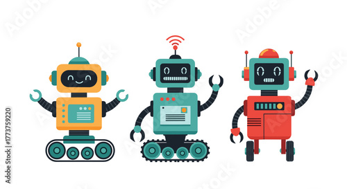 Three colorful, friendly cartoon robots with various designs and features, isolated on a white background, perfect for technology and robotics projects.