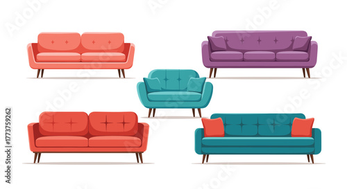 A collection of five diverse and colorful sofas for modern home decor.