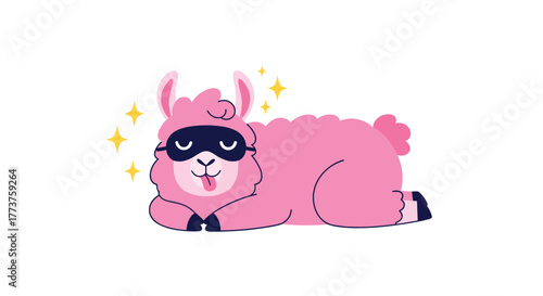 Cute pink cartoon llama wearing a sleep mask and sticking out its tongue, with sparkling stars on a white background.