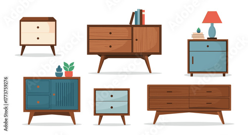 A collection of mid-century modern furniture, showcasing various styles of cabinets, drawers, and nightstands in different colors and designs.