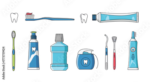 Collection of dental hygiene products for oral care, including toothbrushes and toothpaste.