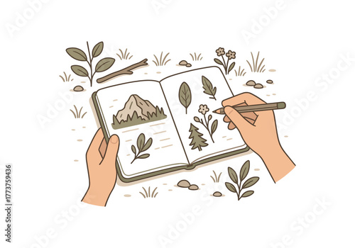 drawing nature sketches outdoor notebook slow creative exploration flat vector illustration style isolated on white background