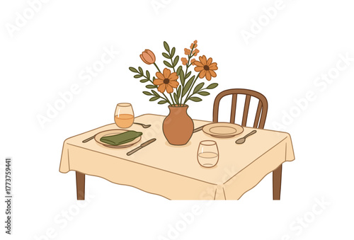 setting simple table with seasonal flowers mindful hosting and slow meals flat vector illustration style isolated on white background