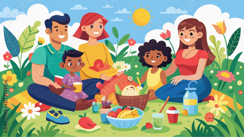 Ключові слова сказал:Smiling family enjoying picnic in sunny park surrounded by flowers, fruits, drinks and happy summer atmosphere