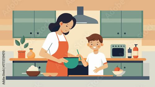 Mother and son cooking together in cozy kitchen, smiling and enjoying quality family time while preparing food