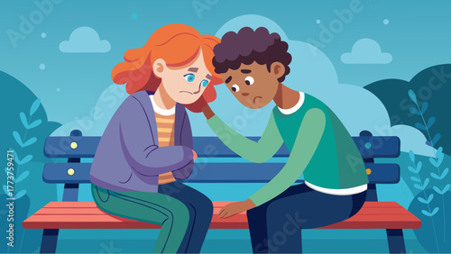 Teen boy comforting sad girl on bench in park, showing care, empathy and emotional support in difficult moment