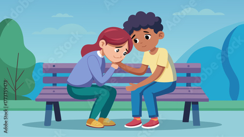 Boy comforting sad girl on park bench showing empathy, support and emotional connection in outdoor setting