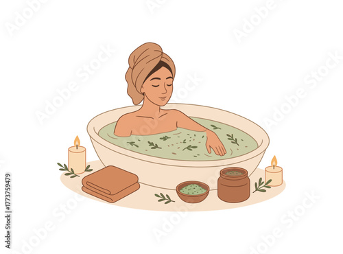 home spa ritual with herbal bath salts slow self care and intentional relaxation flat vector illustration style isolated on white background