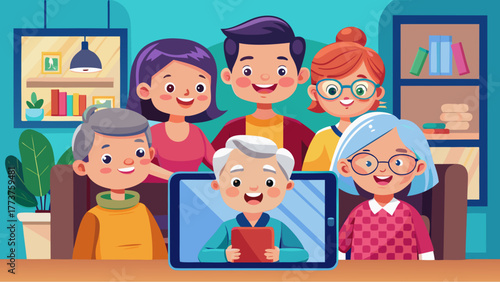 Happy multigenerational family video chatting with senior man on tablet, staying connected through technology and love