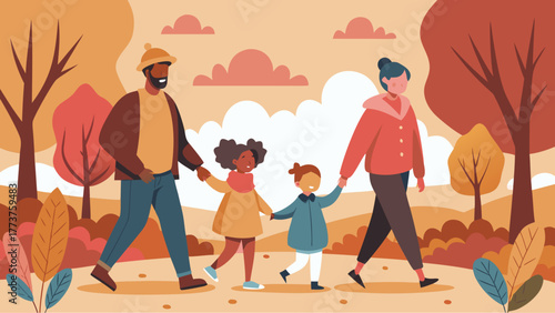 Happy family walking together in autumn forest holding hands among colorful trees and falling leaves