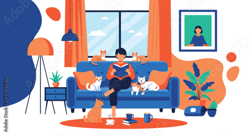 Person reading a book on a couch surrounded by many cats and a dog.