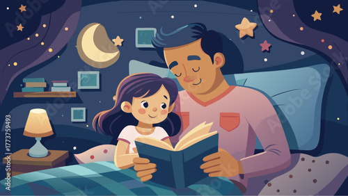 Father reading a bedtime story to daughter under blanket in cozy bedroom with stars and moon in the night sky