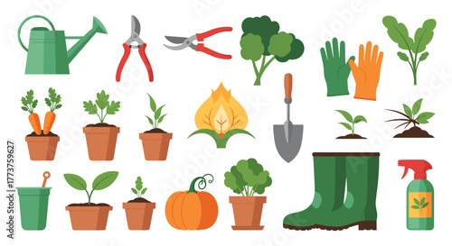 Gardening equipment and plants illustration featuring watering can, pruning shears, gloves, broccoli, pumpkin, boots, and various potted plants.