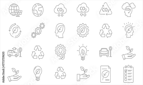 Environmental sustainability icons Ecology, renewable energy, recycling, and carbon emissions reduction