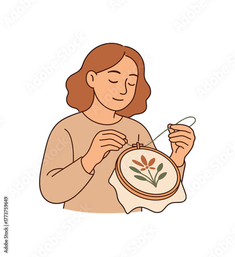 mindful embroidery project slow textile art and meditative focus flat vector illustration style isolated on white background