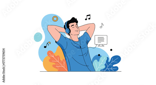 A cartoon man with headphones listens to music with his eyes closed and his hands behind his head, enjoying the tunes from his computer.