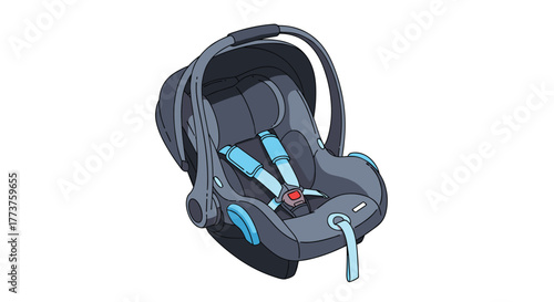 Cartoon illustration of a gray infant car seat with blue straps and handle, suitable for newborns and young babies, on a white background.
