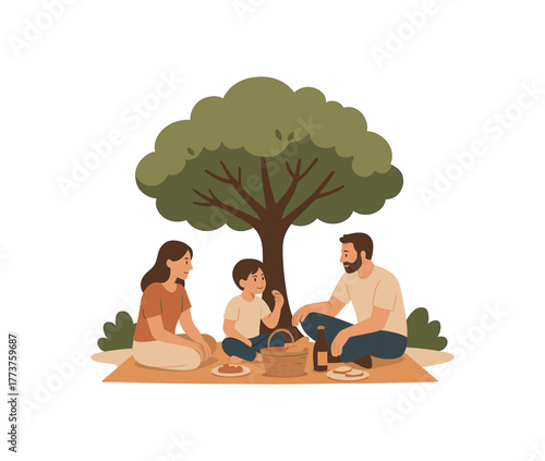 slow picnic under tree intentional time with nature and loved ones flat vector illustration style isolated on white background
