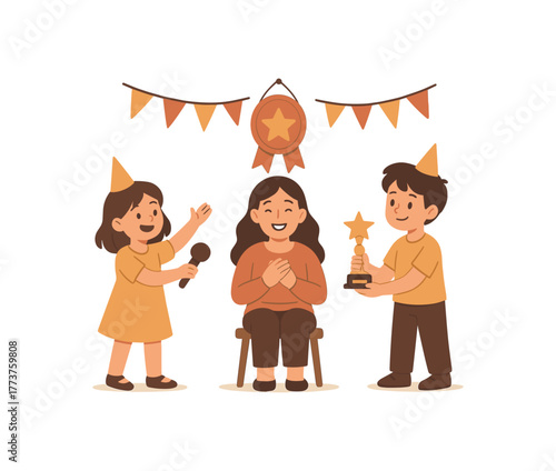 kids hosting homemade award ceremony for mom playful and unique celebration flat vector illustration style isolated on white background