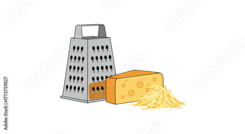 A cartoon illustration shows a silver grater, a block of swiss cheese with holes, and a pile of shredded cheese on a white background.