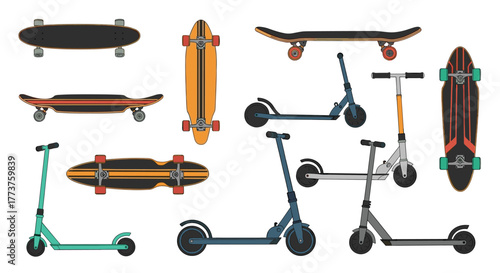 Collection of skateboards and scooters in various styles and colors on a white background.