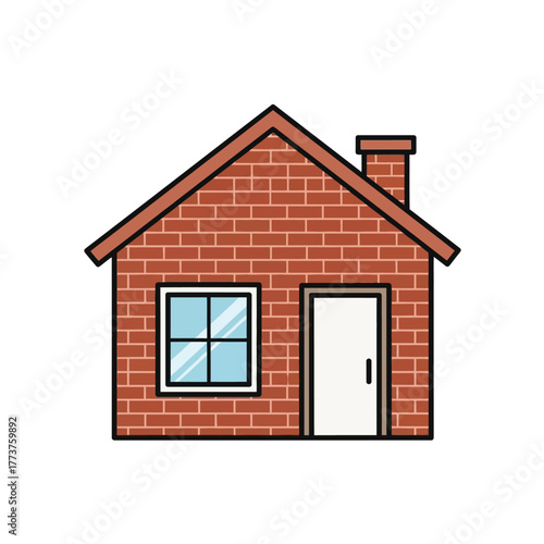 Simple brick house illustration with window, door, and chimney representing dwelling