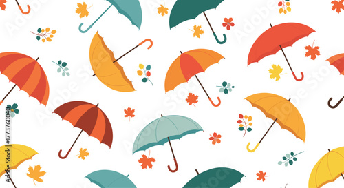 Colorful umbrellas and leaves float in this autumn themed seamless pattern with a white background, perfect for backgrounds or prints.