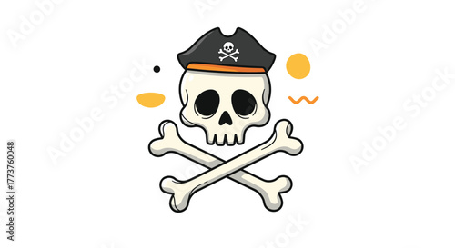 Cartoon pirate skull and crossbones with a pirate hat and decorative elements.