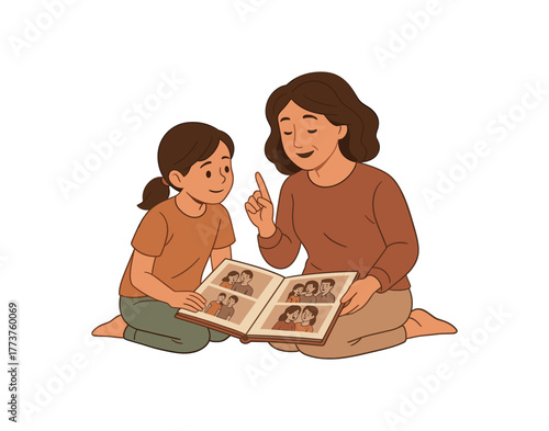 mom teaching life lessons through old photo album sharing wisdom and memories flat vector illustration style isolated on white background