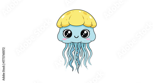 A cute, cartoon jellyfish with a yellow top and blue tentacles smiles sweetly, looking out with big, sparkly eyes and rosy cheeks.
