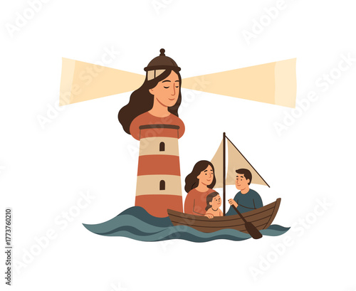 mother as lighthouse guiding family ship symbolic representation of protection and wisdom flat vector illustration style isolated on white background