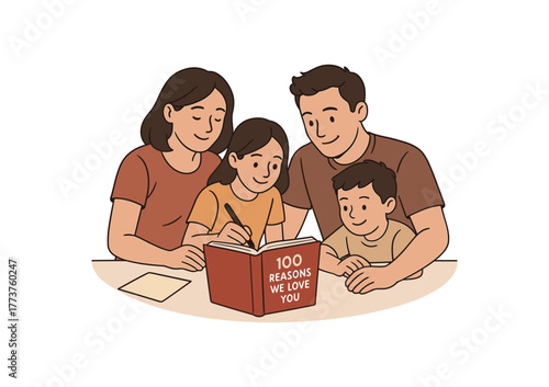 family writing 100 reasons we love you book as mothers day gift flat vector illustration style isolated on white background