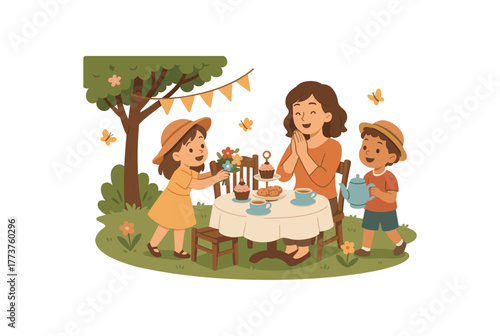 kids organizing surprise garden tea party for mom magical outdoor celebration flat vector illustration style isolated on white background
