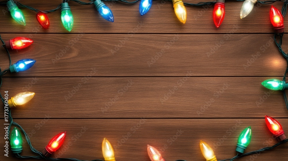 Obraz premium Colorful Christmas lights garland encircling empty space on dark wooden surface perfect for festive messages during the holiday season