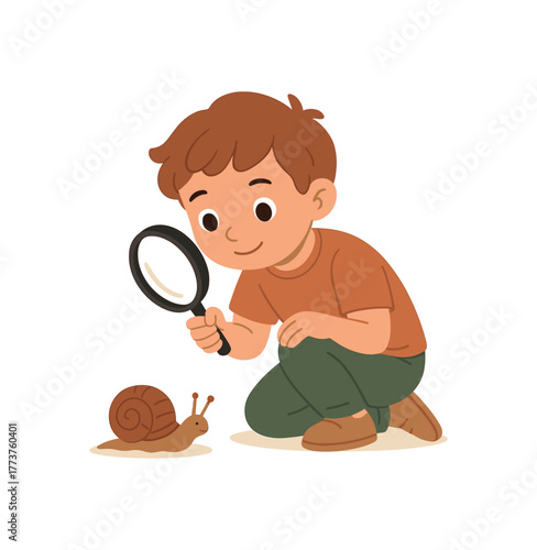 child observing pet snail with magnifying glass educational and nature exploration flat vector illustration style isolated on white background