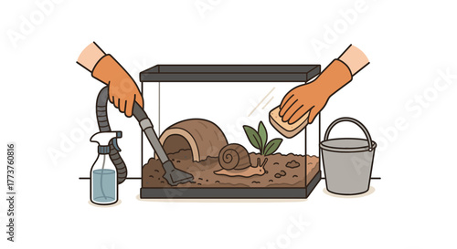 pet snail enclosure cleaning routine and maintenance process flat vector illustration style isolated on white background