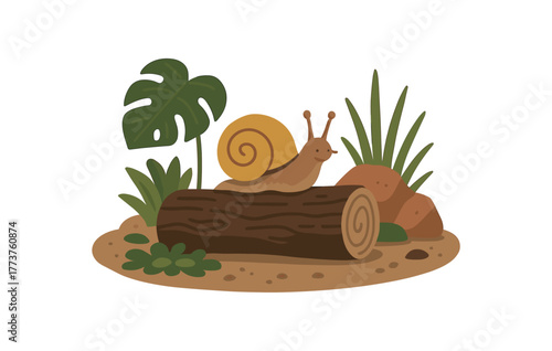 snail on log terrarium naturalistic environment and habitat enrichment flat vector illustration style isolated on white background